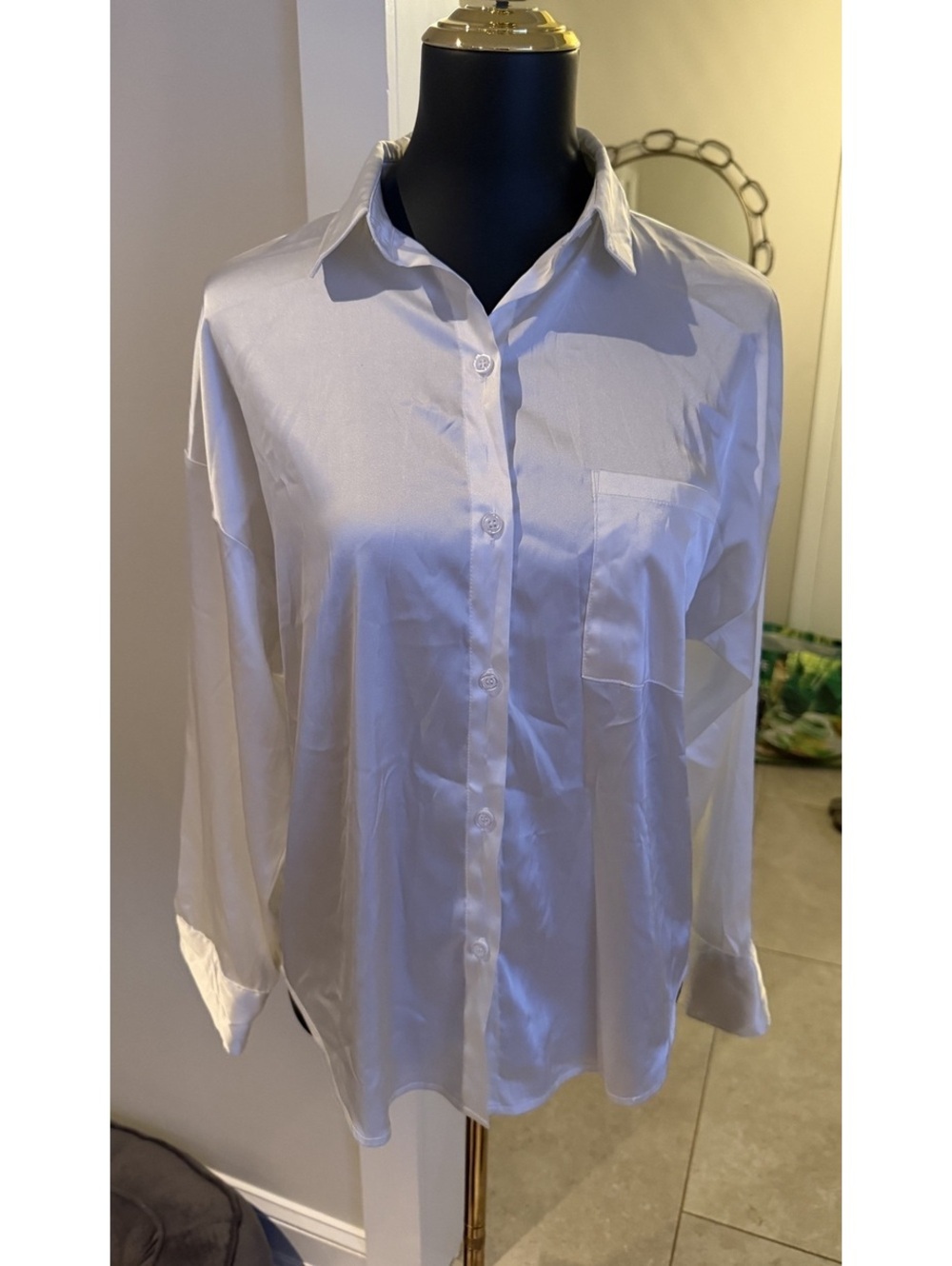 Parke Oversized Satin Boyfriend Button Down Shirt White XS